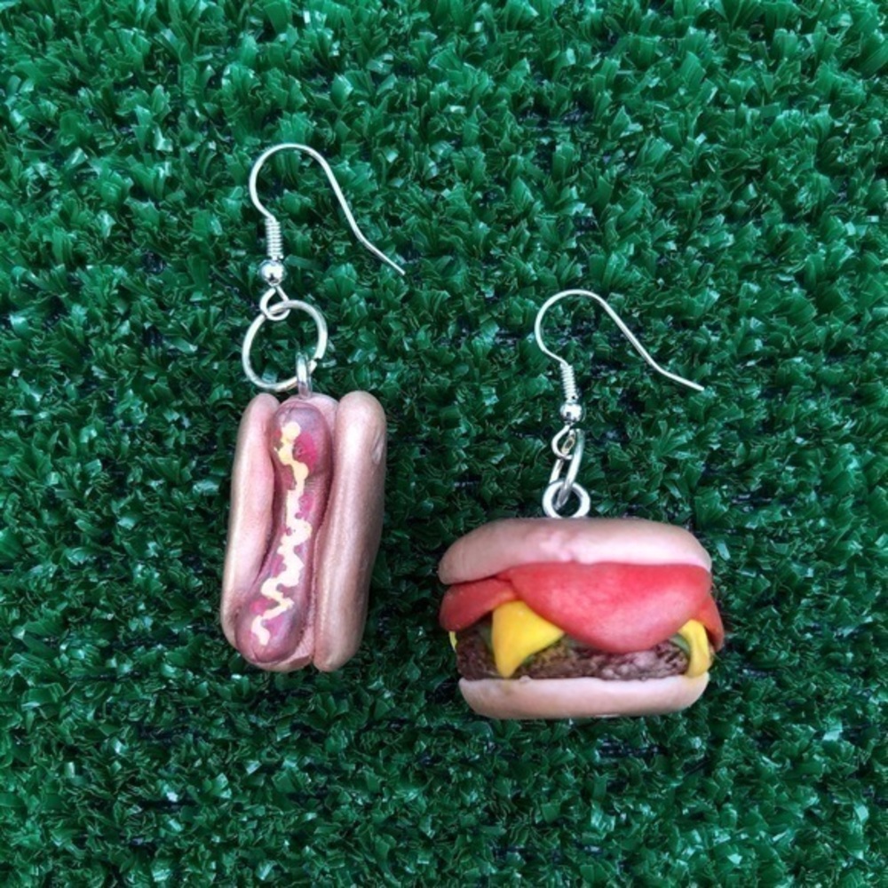 Hot Dog Hamburger Earrings Handmade Clay Barbecue